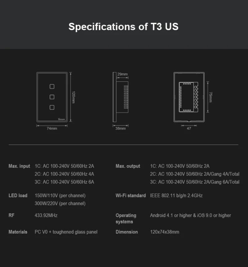 SONOFF T3 Smart Wifi настенный светильник US EU UK переключатель черный с гранью 1 банда 433