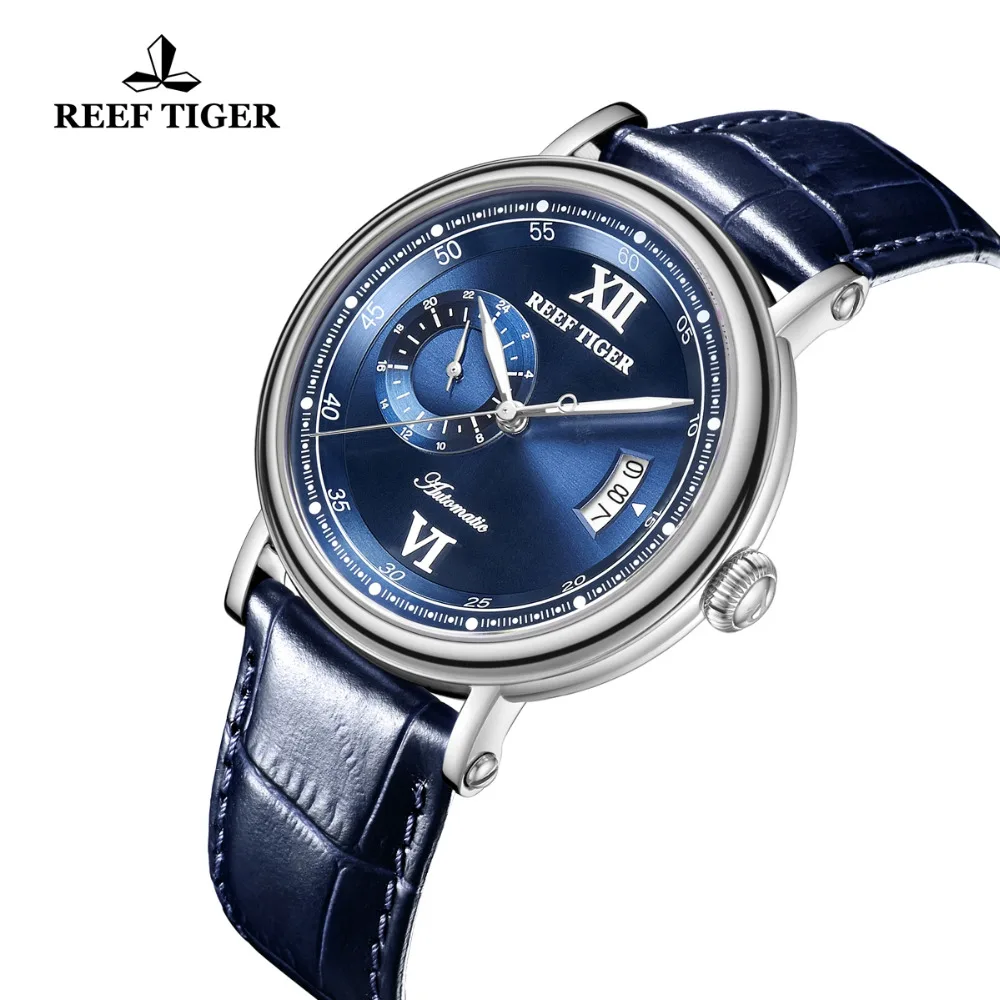 Роскошные деловые мужские часы Reef Tiger/RT синие модные механические с кожаным