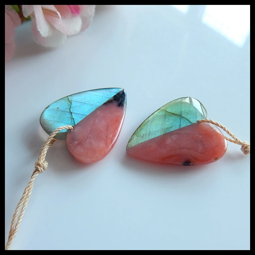 

Natural Gemstone Pink Opal with Labradorite intarsia fashion woman Earrings Birthday gift,25x21x4mm,6.3g