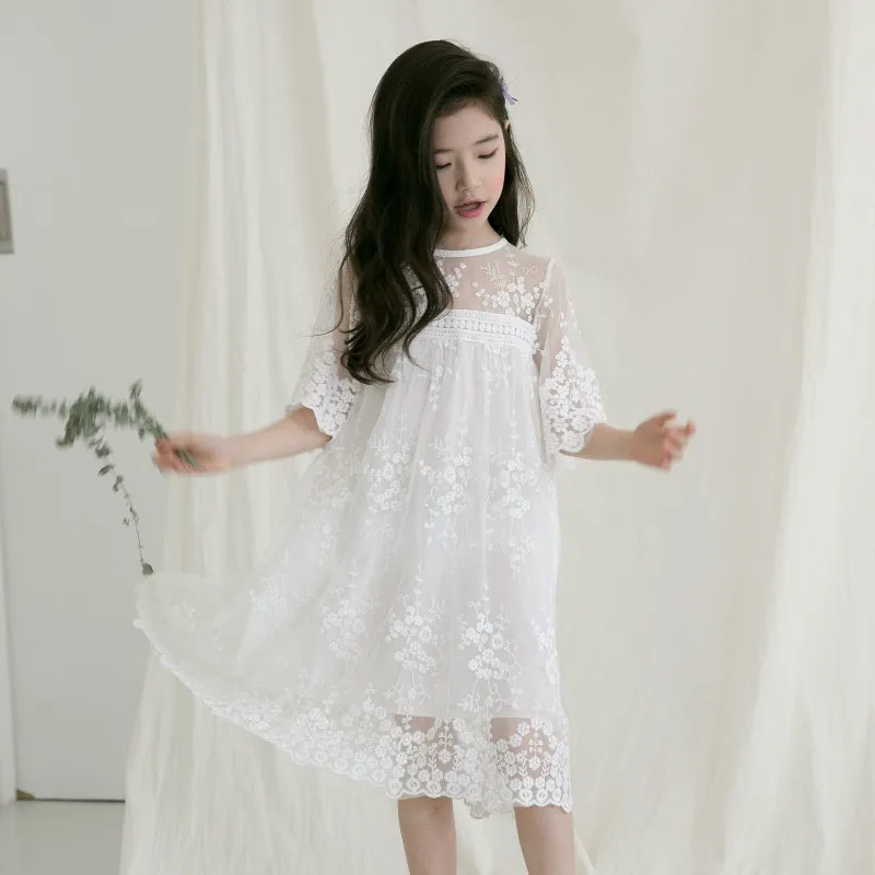 

Girls Dress Spring Summer New Children's Wear Girls Fashion Embroidered Lace Princess Dress White Girl 3-16Y Party Dresses CA830