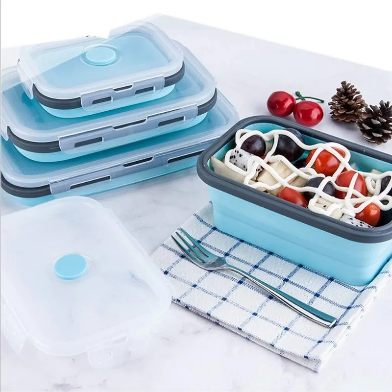 Силиконовый складной Ланч-бокс, контейнер для хранения еды, Bento BPA Free, Microwavable, портативный, для пикника, кемпинга, прямоугольная, открытая коробка