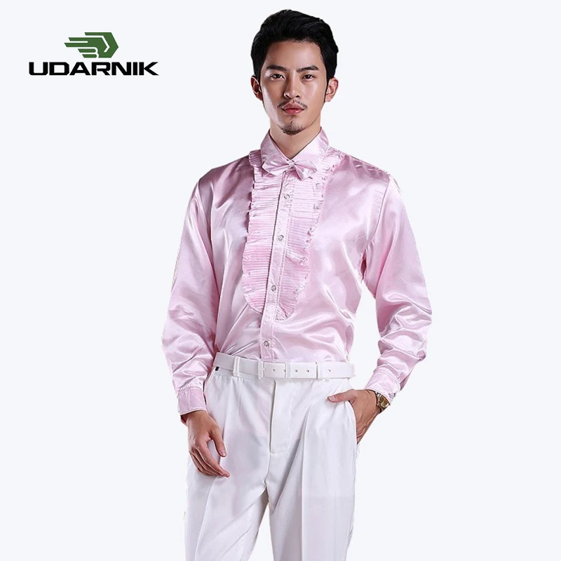 

Men's Long Sleeve Ruffle Pleated Silky Shirts Full Long Sleeve Fashion Casual Frill Men Dress Shirt Party Stage Clothes 903-B214