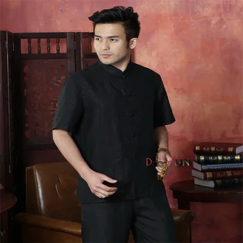

Black Chinese Men's Kung Fu Tops Shirt Classic Mandarin Collar Shirt With Pocket Tang Suit Size M L XL XXL XXXL 4XL