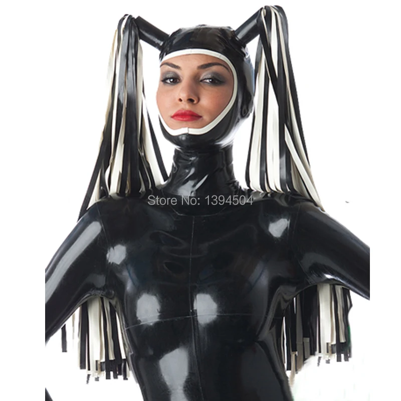 

2017 exotic Handmade Customized Latex Hoods With Tress Wig Hair Fetish Mask Heroine Hood Cosplay Women Open Face Headgear Zentai