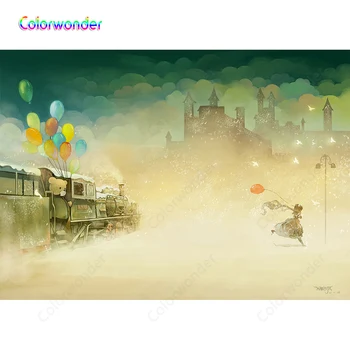 

Watercolor Painting Photographic Bear with Girl Holding the Colorful Balloons Ancient Castle with Clouds Backdrops for Birthday