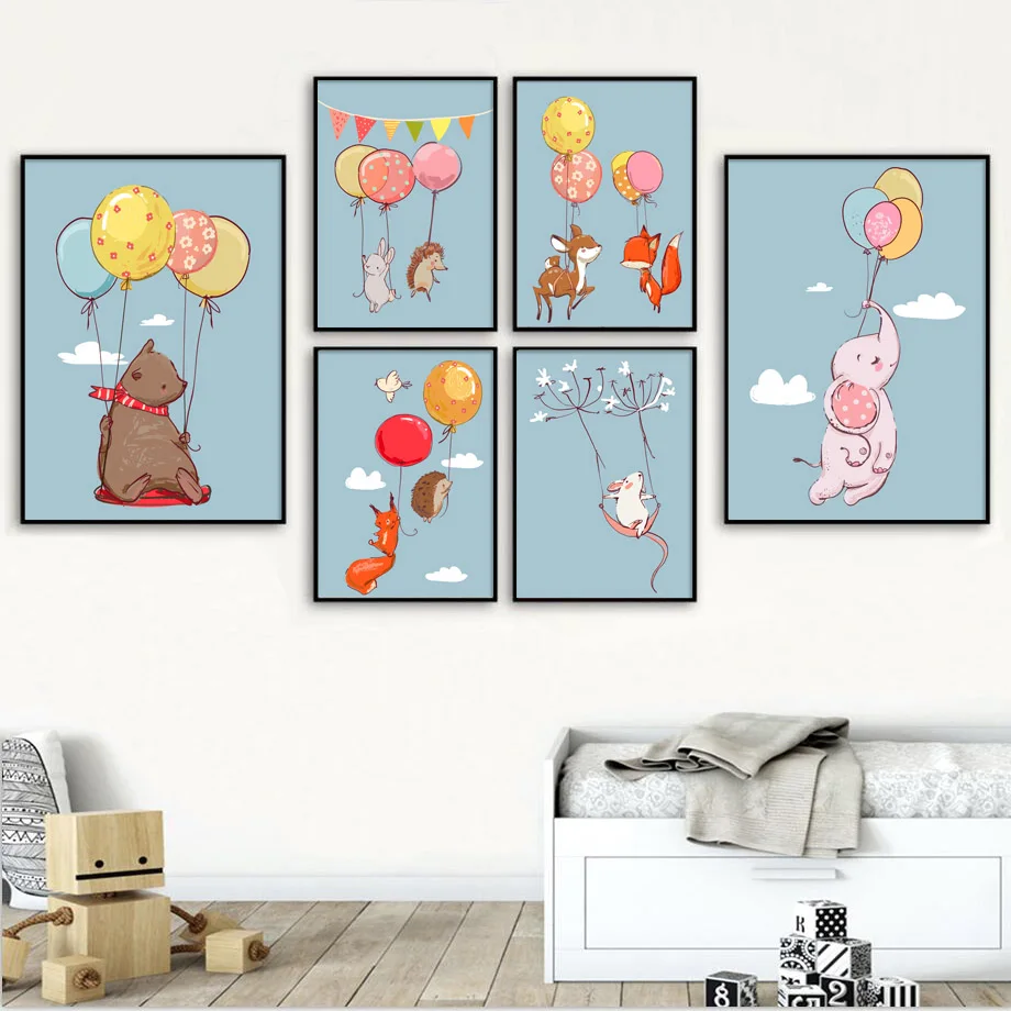 

7-Space Modern Balloon Animals Rabbit Fox Deer Canvas Painting For Kids Room Wall Art Print Wall Pictures Baby Room Decoration