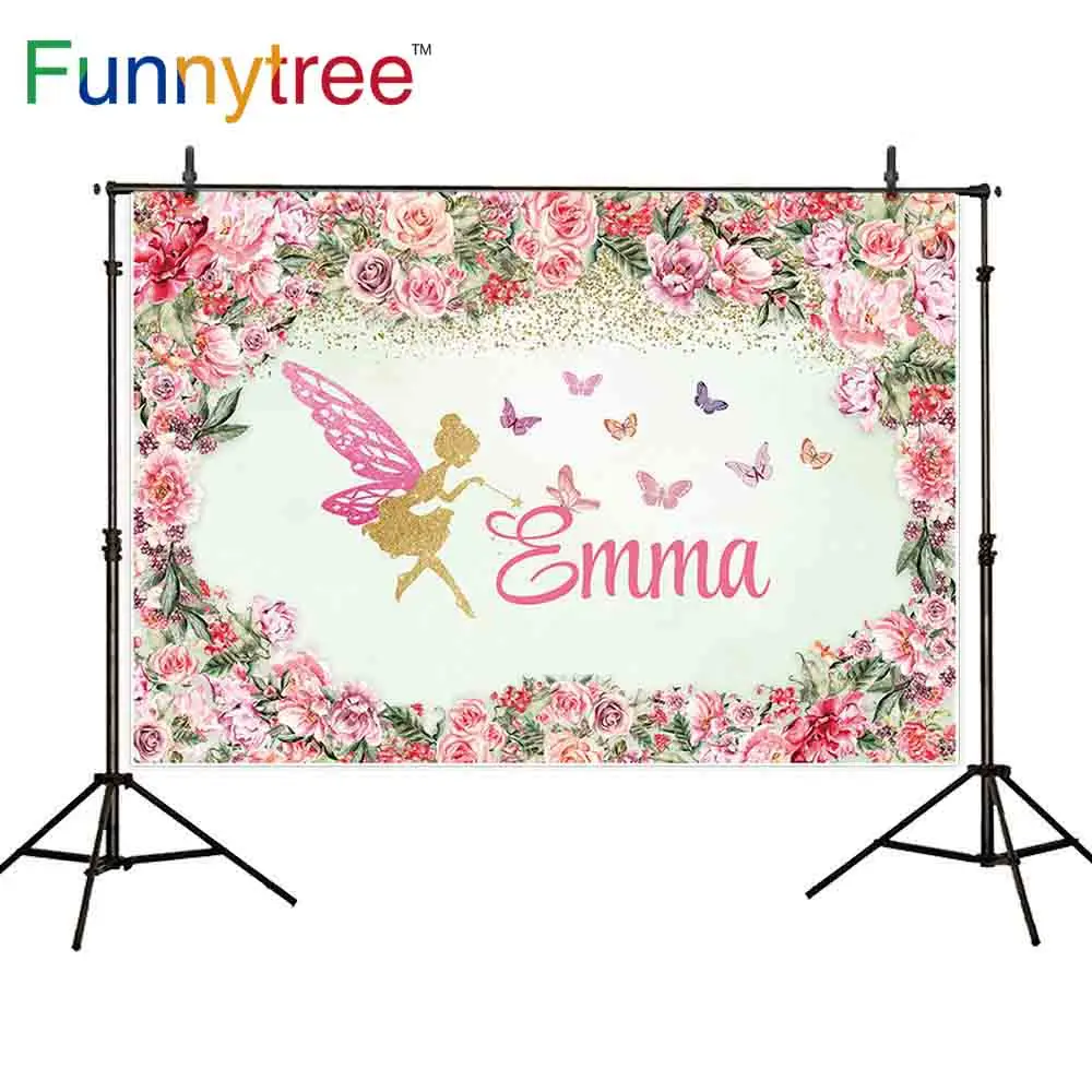 

FunnyTree photography background pink flower frame Butterfly golden Custom name girl party birthday photozone backdrop elf vinyl