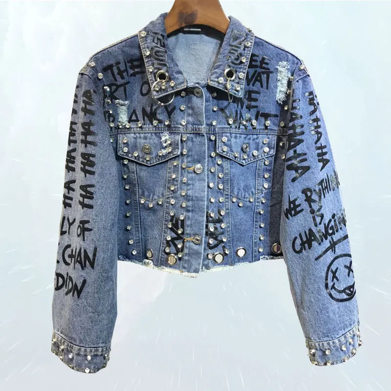 

2019 Punk Style Letter Print Rivets Beading Women Autumn Jacket Coat Loose Style Women Denim Jacket Coat Crop Tops Abrigos Mujer