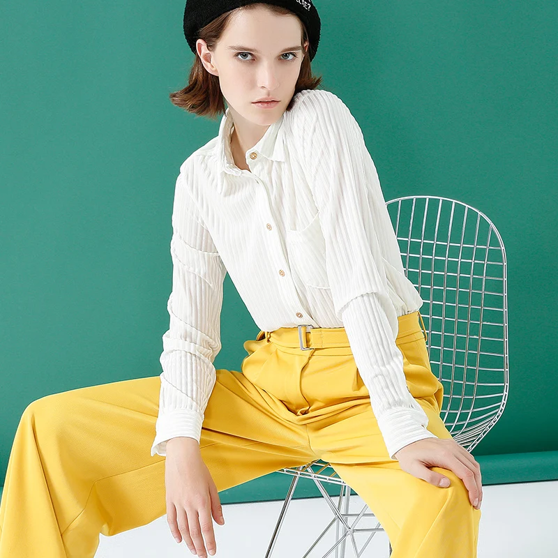  Toyouth Office Ladies Velvet White Shirts Solid Long Sleeve Blouse Women Striped Turn-Down Collar S