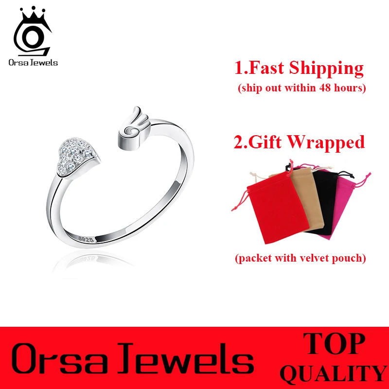 ORSA JEWELS Pure 925 sterling Silver Rings CZ Paved Heart Shape&Angel Wing Rock Adjustable Finger Rings for Women SR02