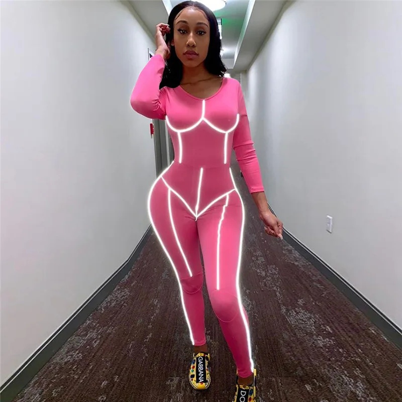 

Sexy Reflective Trim Jumpsuit Women Casual Long Sleeve Zipper Fluorescent Bodycon Romper Night Club Sports Pencil Pants Overalls