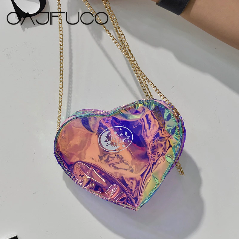 CAJIFUCO Girls Fashion Loving Heart Jelly Bag Clear PVC Mini Chain Bag Lazer Transparent ...