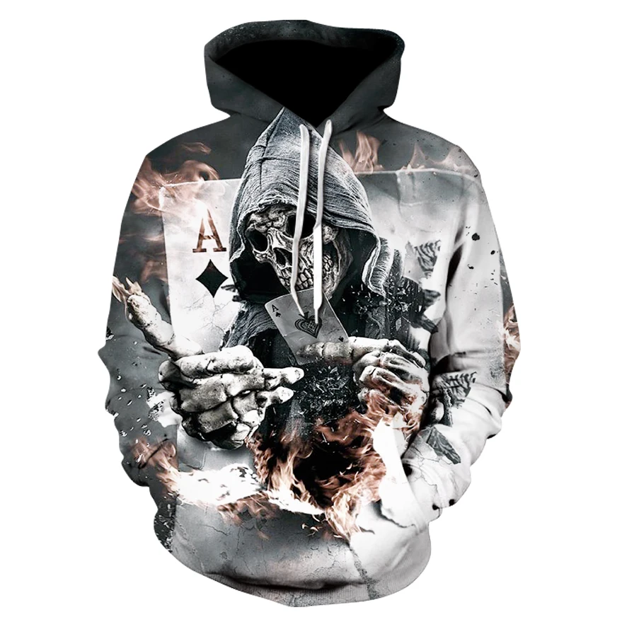 

Spring and autumn thin section Men's Sweatshirt Hoodie 3D printing Skull & Poker Pocket drawstring Hooded pullover Men's Hoodie