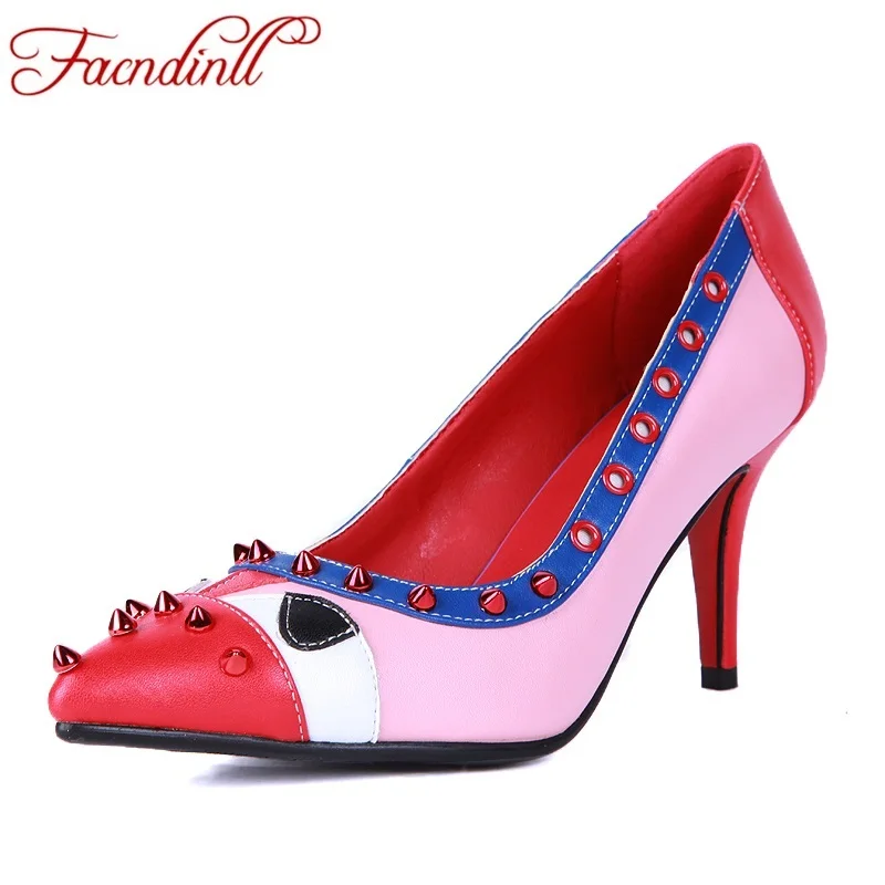 

new 2017 spring summer women pumps fashion genuine leather high heels pointed toe rivets women wedding party dress casual shoes
