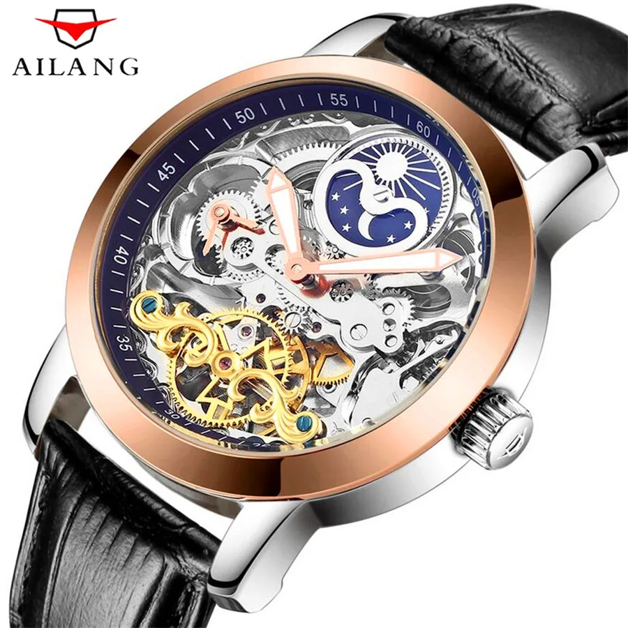 AILANG Skeleton Tourbillon модные повседневные дизайнерские механические мужские часы Топ бренд класса люкс автоматические часы мужские часы - Цвет: Genuine Leather 3