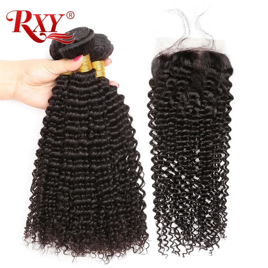 Peruvian Kinky Curly Hair Bundles With Closure RXY Remy Hair 3 Bundles Human Hair Bundles With Closure 4x4 Top Lace 4PcsLot (1)