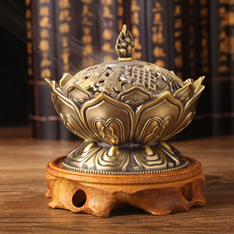 Tibetan Lotus Designed Metal Bronze Backflow Incense Burner Craft