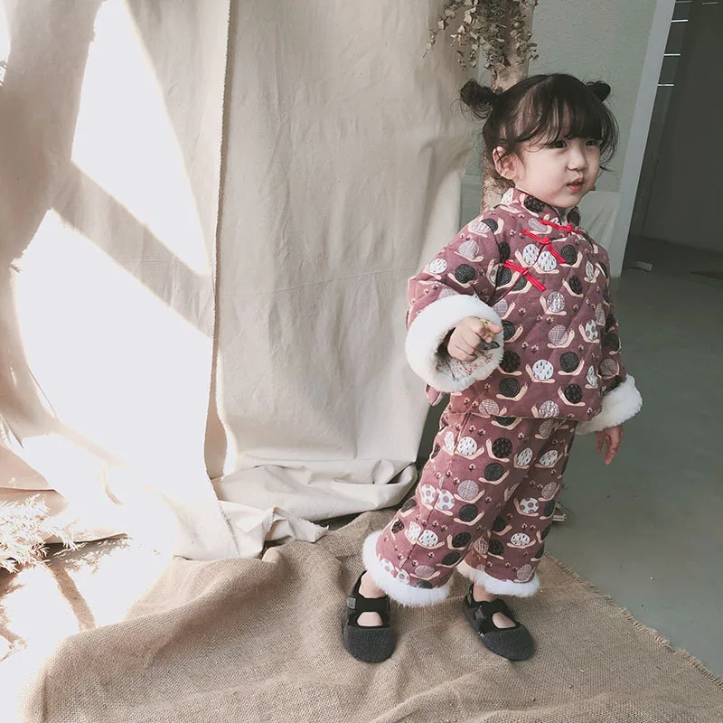 Детский костюм для девочек в китайском стиле плотный ретро костюм с принтом теплый детский весенний праздничный костюм традиционная одежда