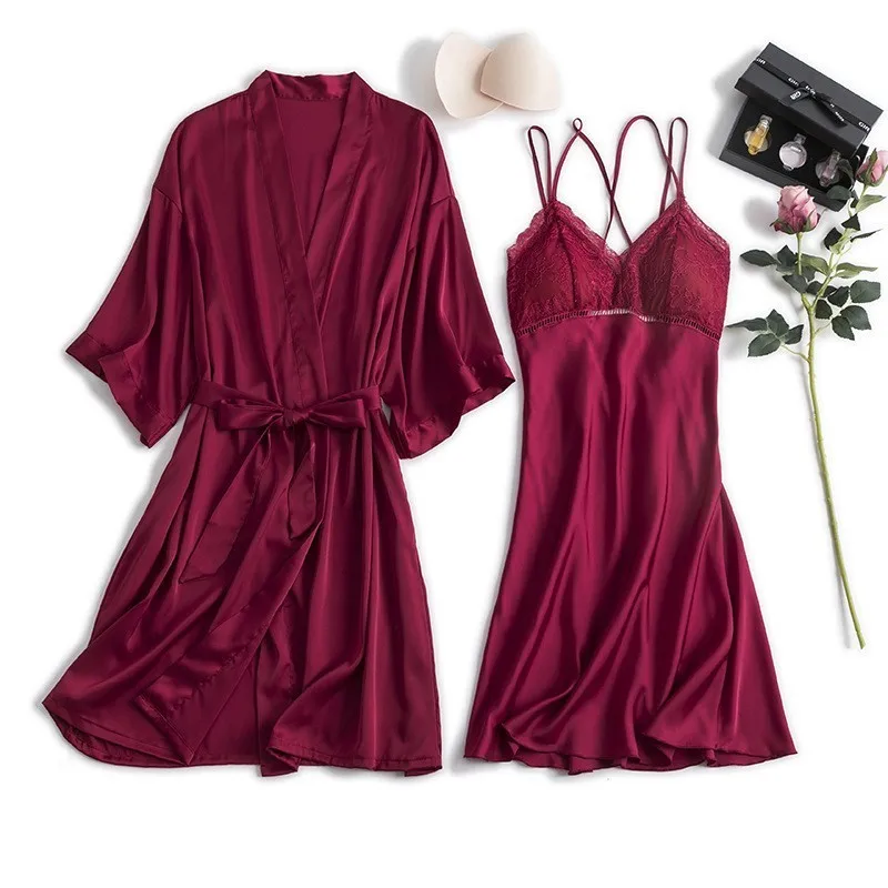 Летний тонкий ночной кардиган, костюм-двойка, пижама, шелк, без черных бретелей, модный халат, комплект - Цвет: claret-red