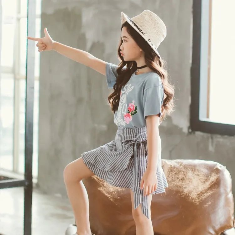 2019 Summer Children Clothing Set For Teenage Girls Fashion Letter Flower Tshirt Ruffles Skirt 2Pcs Kids Clothes Suit 10 12 Year (15)