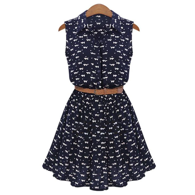 

2017 New Design Summer New Women Shirts Dress Cat Footprints Pattern Show Thin Shirt Dress Casual Dresses with Belt 20