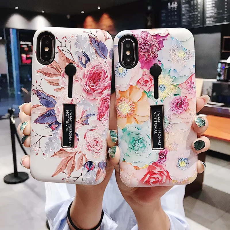 

Retro 3D Relief Painted Flower Case For iPhone 7 6 6S 8 Plus X XS XR XS Max Stand Hard Back Cover Shockproof Finger Grip Case