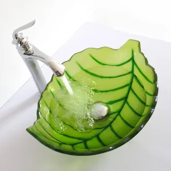 

Tempered glass sink Artistic hand painted glass wash basin lavabo sink Bathroom sink hand painted glass bowls leaf shape