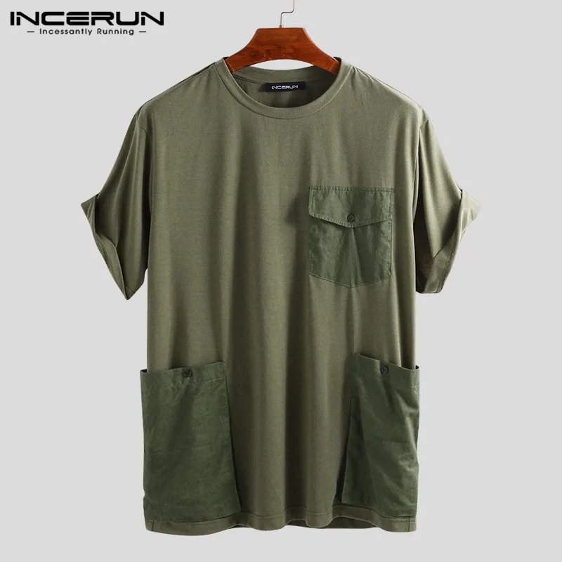 Летняя мужская футболка с карманами, одноцветные повседневные футболки с коротким рукавом, Мужская Уличная одежда, Camisetas Hombre, свободные футболки для пары INCERUN 5XL - Цвет: Army Green T Shirt