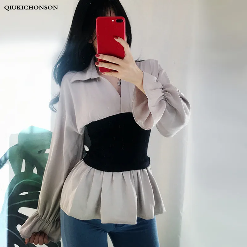 

Qiukichonson Waisted Korean Fashion Vintage Peplum Top Women 2019 Spring Autumn Patchwork V-neck Long Flare Sleeve Blouse Women