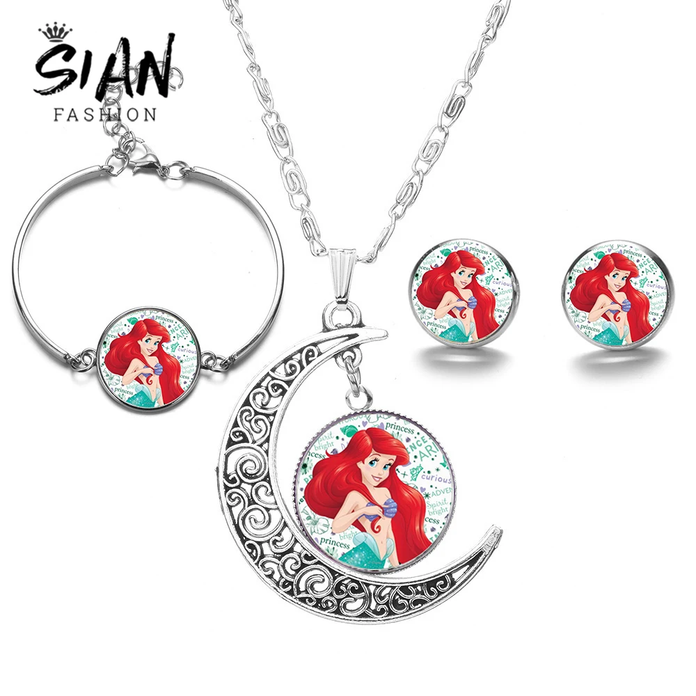 

SIAN Newest Mermaid Princess Moon Jewelry Sets Cartoon The Little Mermaid Ariel Ocean Necklace Stud Earrings Bracelet Silver Set