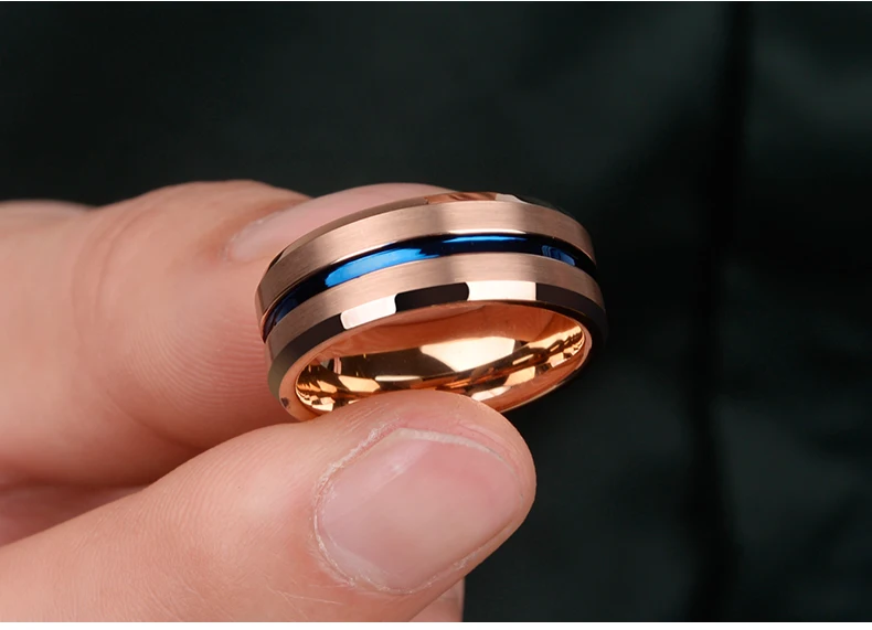 Новое поступление 8 мм обручальные кольца из карбида вольфрама и розового золота с синей инкрустацией, унисекс браслет для мужчин, ювелирные изделия, Размер 7-13