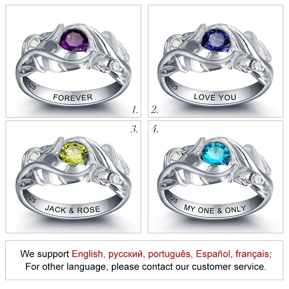 Personalized Engrave Birthstone Trendy Leaf 925 Sterling Silver Cubic Zirconia Engagement Ring Free Gift Box (JewelOra RI102014)