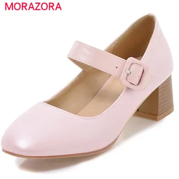 

MORAZORA spring summer hot fashion pumps women shoes with buckle square heel med heels round toe shallow ladies shoes