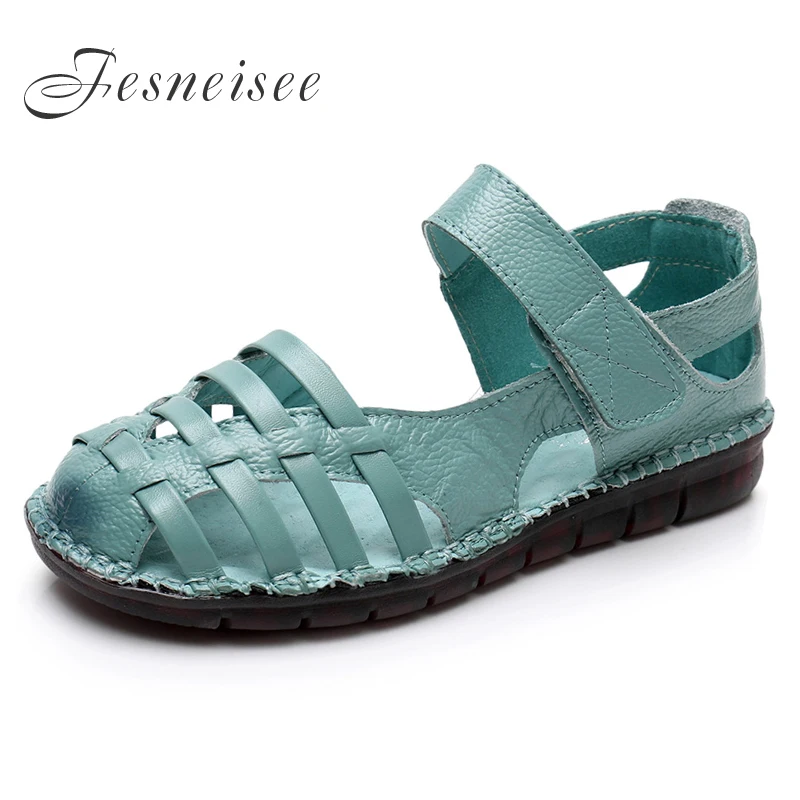 

Fesneisee 2019 Summer New Soft Bottom Flat Genuine Leather Women Shoes Cut Out Gladiator Women Sandals Retro Handmade Sandals