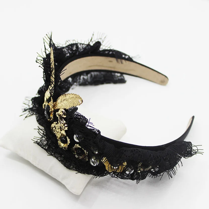 spesifikasi 2017 musim semi musim panas runway baroque kerawang renda pita rambut ikatan simpul lebar dalam beludru hitam D; atmp g headband rambut aksesoris