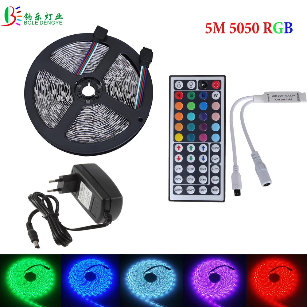 #Best BOLE DENGYE 5050 RGB LED Strip White Diode Tape Waterproof 5M +44 Key IR Remote RGB Controller +DC12V LED Adapter Full Kit