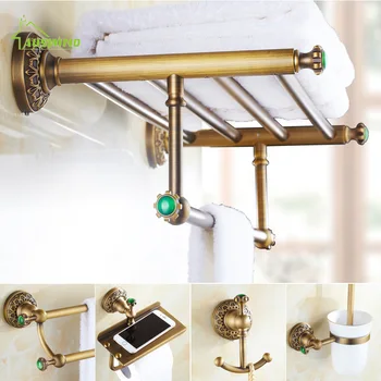 

Emerald Antique Brass Green Stone Bathroom Hardware Set Carved Brushed Bathroom Hardware Accessories