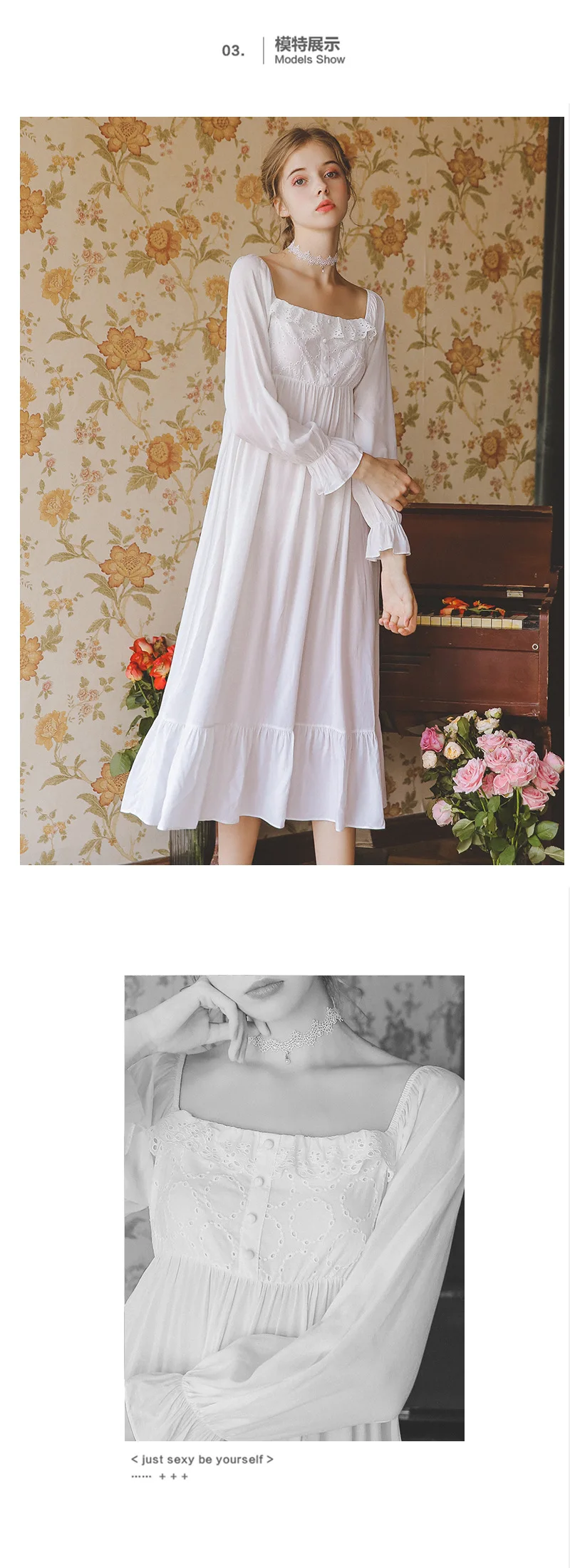 Vintage Night Dress Autumn Women Sleepwear White Cotton Homewear Square Collar Sleepdress Long Sleeve Nightgown Sleepshirts