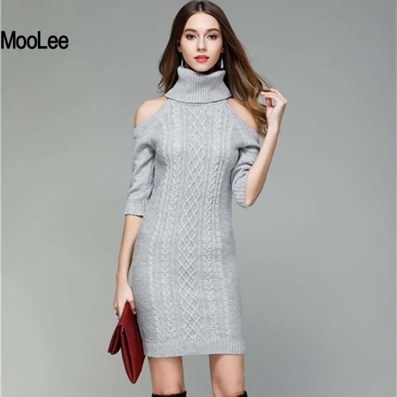 MOOLEE New Off Shoulder Long Knitted Sweater Women Turtleneck Half