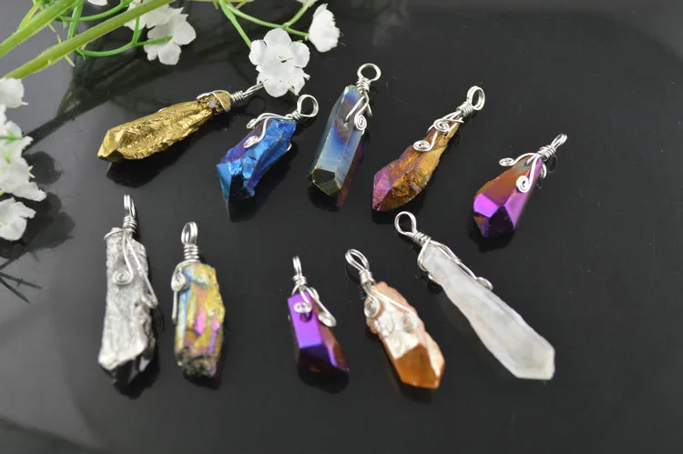 

10pcs Mixed Color Wire Wrapped Natural Rock Crystal Pillars Stone Pendant Fashion Jewelry