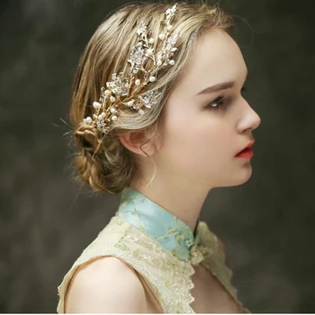 

Romantic pearl bridal hair comb Golden color leaves bridal hair accessories handmade wedding hair ornaments women hair jewelry