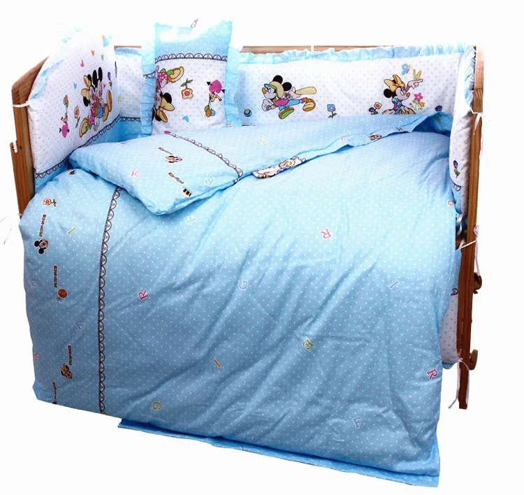 Promotion! 7pcs Mickey Mouse Crib Baby Bedding Set animal Nursery Cot Bedding Crib Bumper/Quilt/(bumper+duvet+matress+pillow)