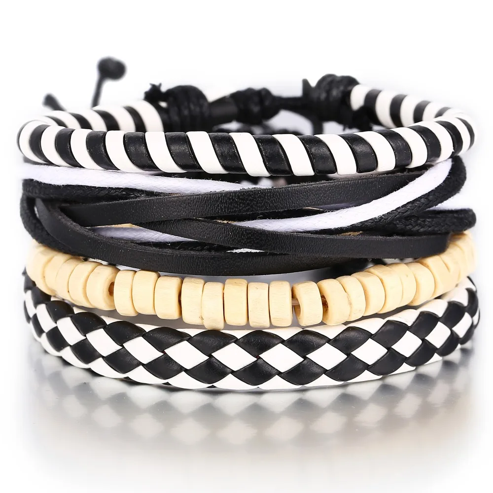 

4Pcs Set Fashion Multilayer Leather Rope Bracelets Set Black and White Woven Wooden Beads Bracelet Jewelry