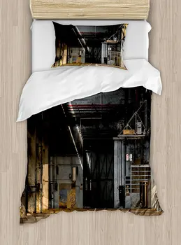 

Industrial Duvet Cover Set Dark Industrial Interior of an Old Building Place of Manufacturing Hangar Print Bedding Set