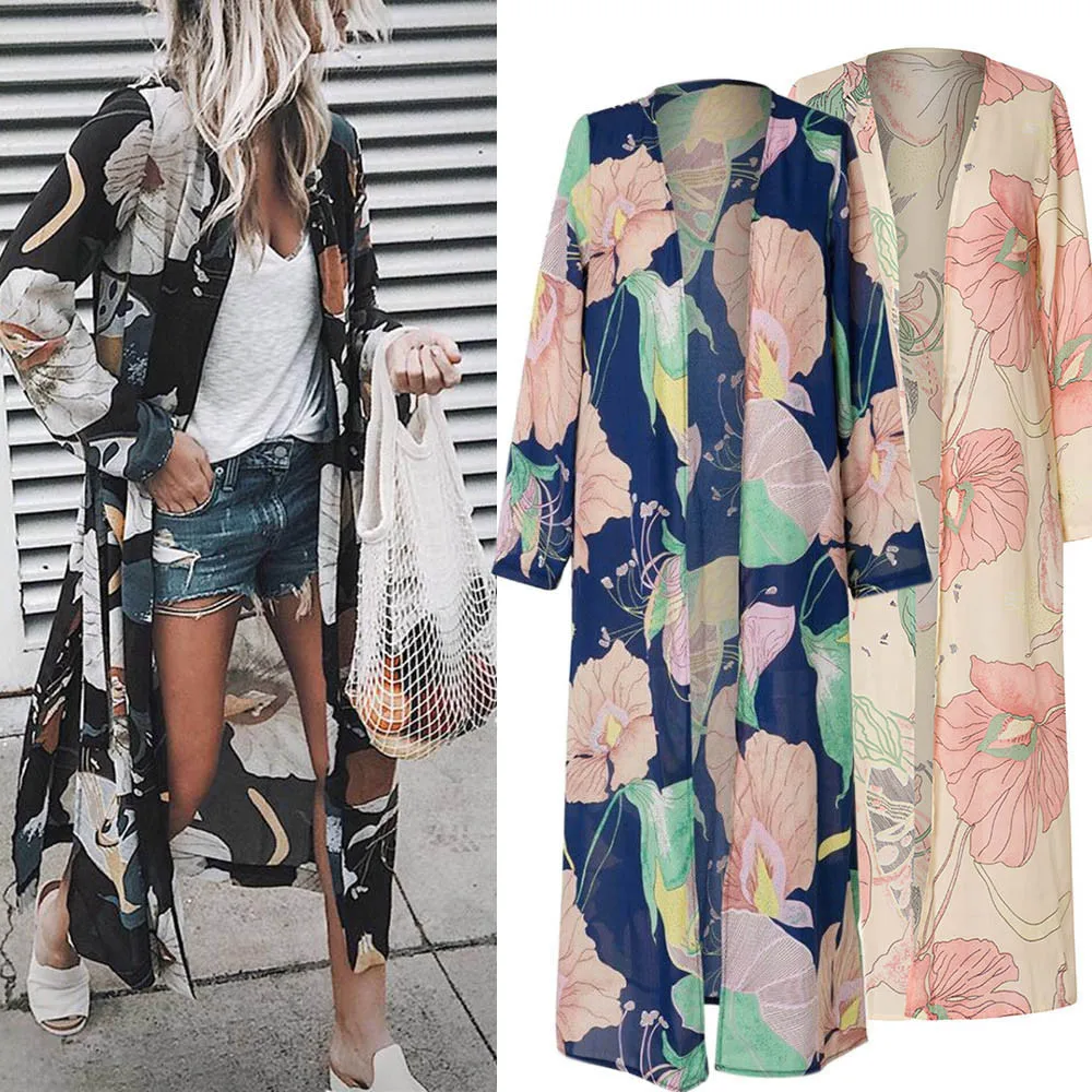 

Women Chiffon Kimono Cardigan Floral Printed Long Sleeve Blouse Summer Autumn Beach Cover Up Long Tops Boho Loose Ladies Shirts