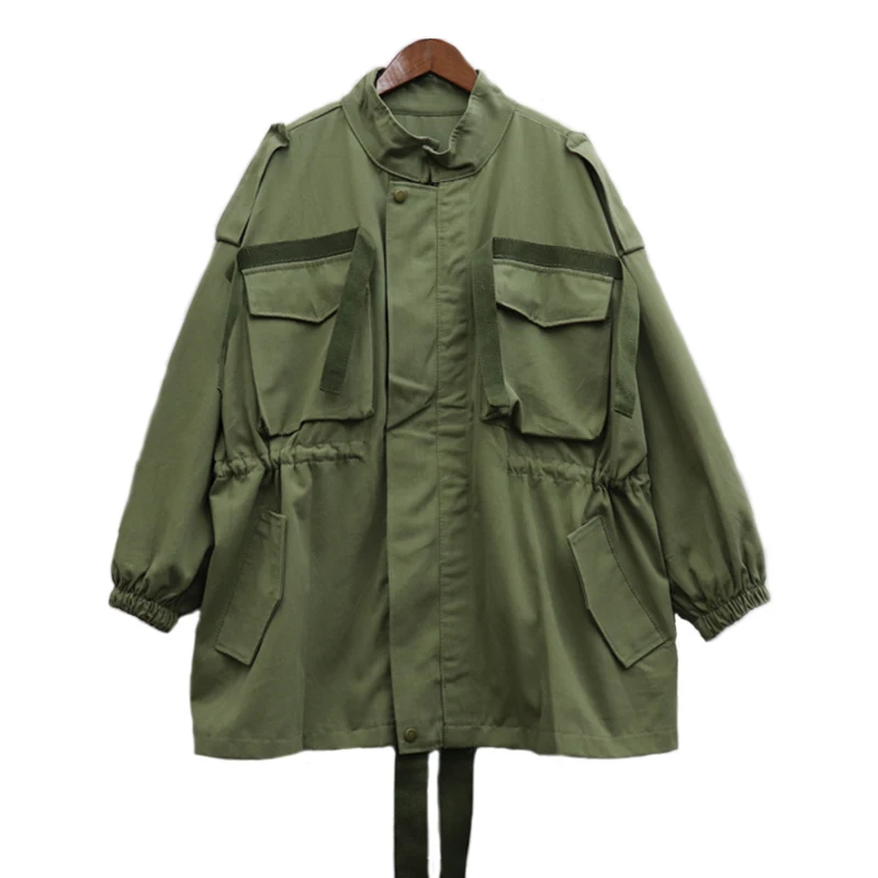 

Autumn Winter Printed Women's Military Jacket Loosen Drawstring Windbreaker Coat Long Oversized Army Green Jackets Women
