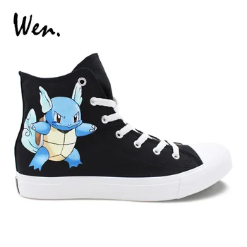 

Wen Hand Painted Anime Shoes Pokemon Wartortle Turtle Black Canvas Sneakers High Top Men Women Plimsolls Trainers Personalized