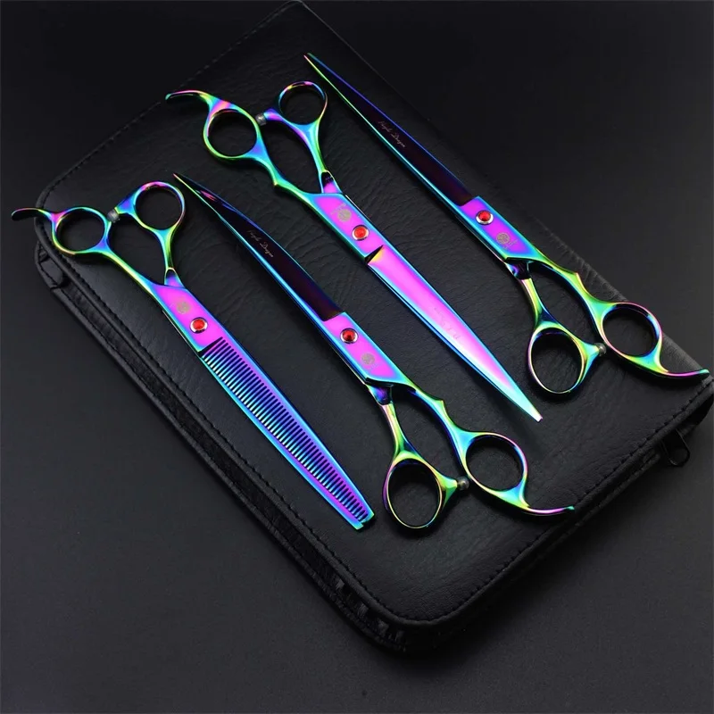 Professional Pet Dog Grooming Scissors 8.0 inch Hair Cutting + Thinning + Curved Shears 440C Straight Scissors 4 PCS Set + Case (7)