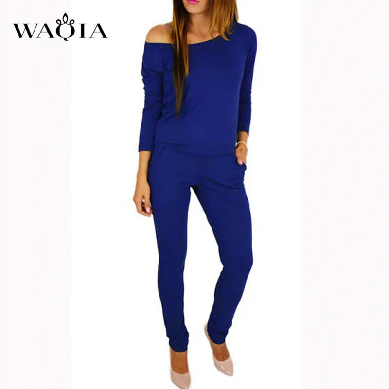 Prix WAQIA combinaison femmes Sexy épaules dénudées Slash cou à manches longues femmes combinaison élégant mince pantalons longs combinaison pour les femmes 2018