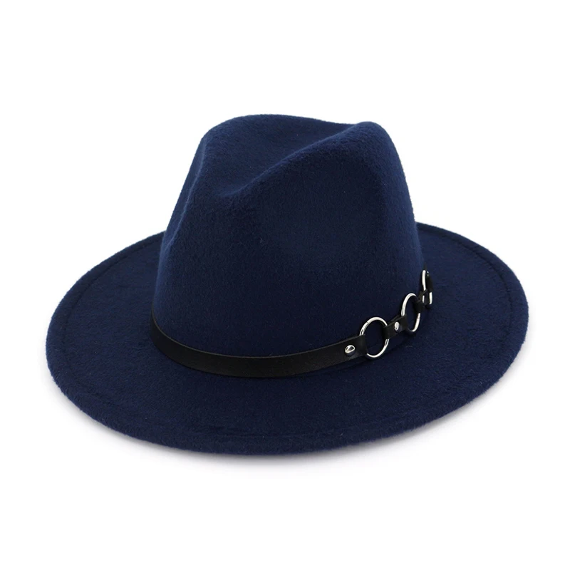 QIUBOSS Модные женские и мужские джазовые фетровые шляпы в европейском стиле, фетровая шляпа с широкими полями, Панамы, федоры, черные шляпы для мужчин и женщин - Цвет: Navy blue